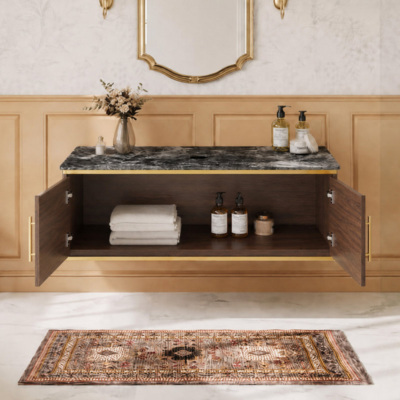 Meuble-lavabo mural avec plateau en pierre frittée, meuble de rangement suspendu pour salle de bain, fini noyer (lavabo non inclus)