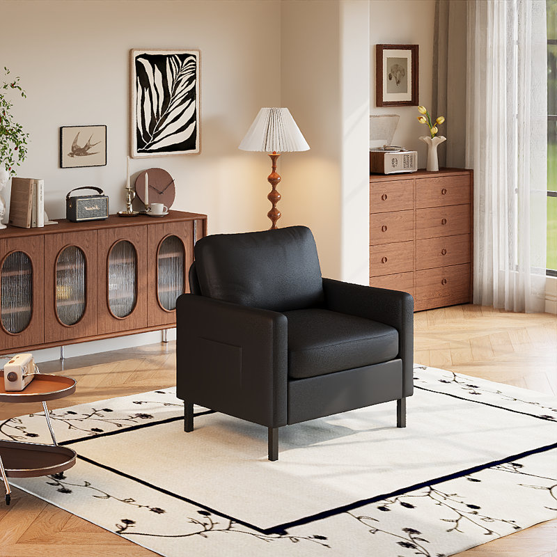 Faux Leather Accent Chair With Metal Legs & Side Pocket, Black