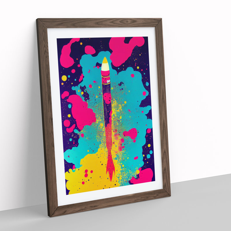 Paint Splashed Spaceship Rocket No.4 Abstract - Single Picture Frame Painting, 46cm H x 34cm W x 2cm D, Walnut