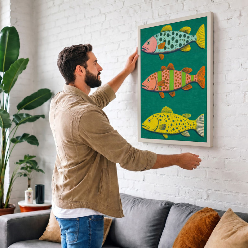 Stacked Fish Play Modern - Print, 30x20 - 76.2 x 50.8 cm, Teal Border