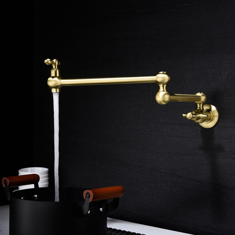 Gold Brass Wall Mount Pot Filler Faucet, Arm Enhances Convenience And Functionality, Double Handles Stable Accurate Water Flow, Corrosion Surface Conservation Method, Tranquil Non-Interfering Aerator