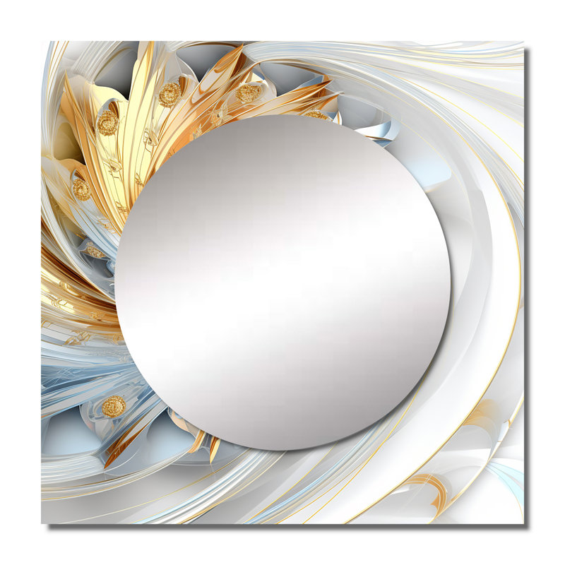 «Whirling tandis que Glam Fractals» en or et blanc II - miroir carré de fractales pour décoration murale, 23 po x 23 po