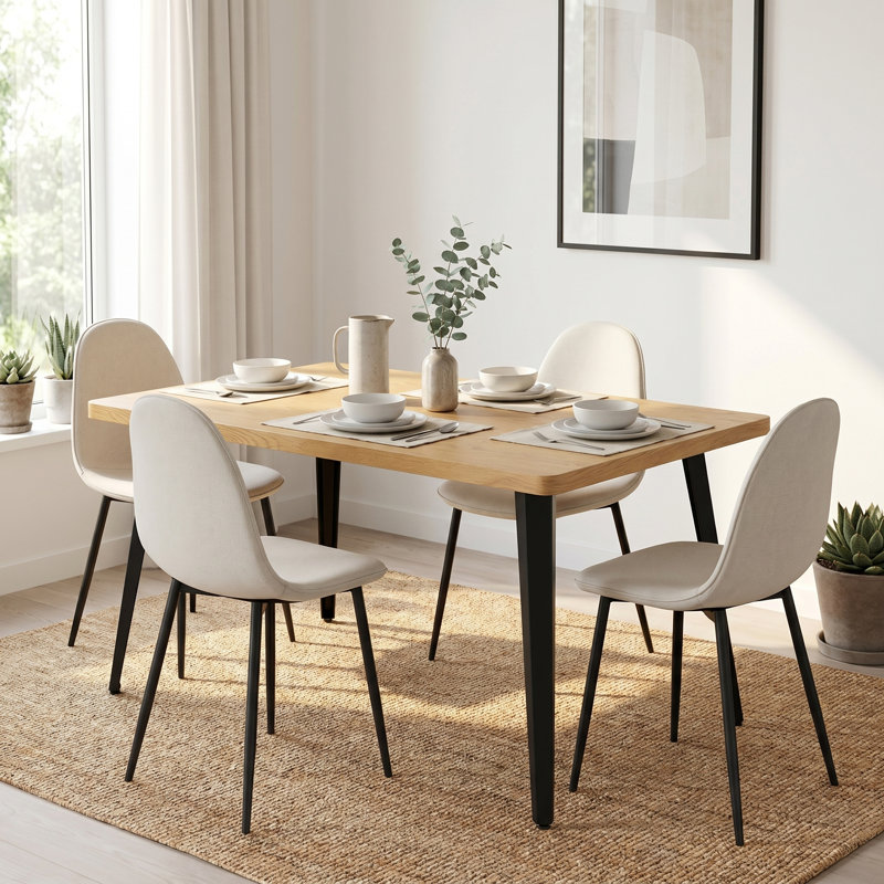 Ensemble de salle à manger 5 pièces rectangulaire de 63 po avec chaises rembourrées de style Mid-Century, Natural, Beige
