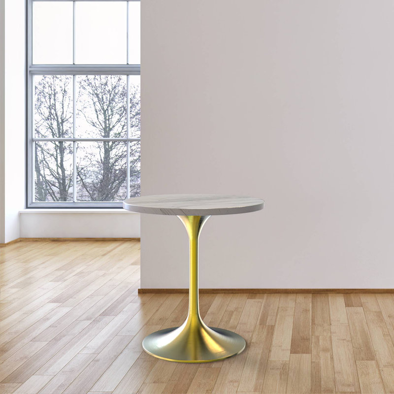 Heatherton Round Dining Table with Resin Top and Brushed Gold Stainless Steel Pedestal Base Kitchen Table - Seats 2-6 Person for Kitchen, Dining Room, Cafes
