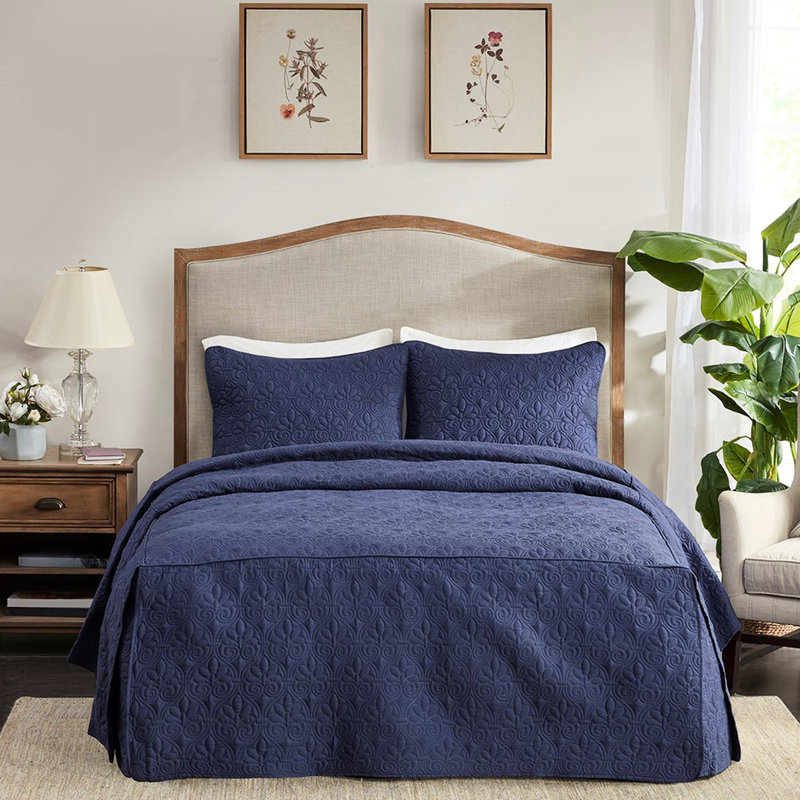 Ensemble de couvre-lit plissé 3 pièces bleu marine, Couvre-lit grand + 2 pièces supplémentaires, Marine