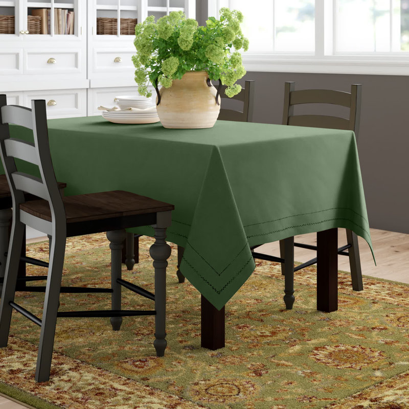 Pine Green Hemstitch Easy Care Fabric Tablecloth, 84" x 60"