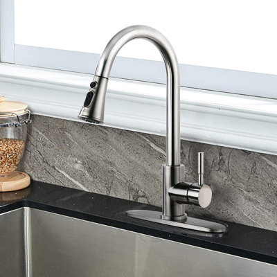 Robinet de cuisine en acier inoxydable avec douchette rétractable, nickel brossé, exposition, douchette à débit de 1,8 gallon par minute, acier, taches