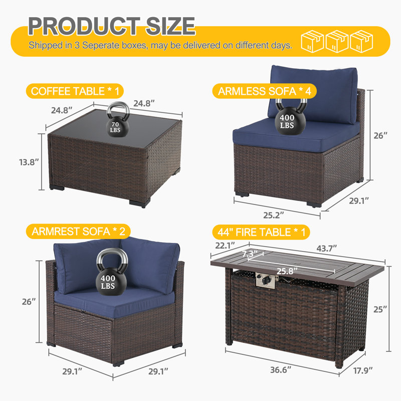 Ensemble de meubles de patio 8 pièces avec foyer au gaz propane, Bleu, Brun