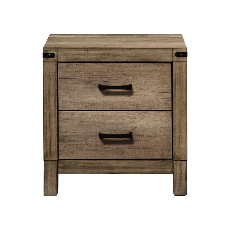 Table de chevet 2 tiroirs pour chambre à coucher - Bois massif brun rustique avec finition de bordure