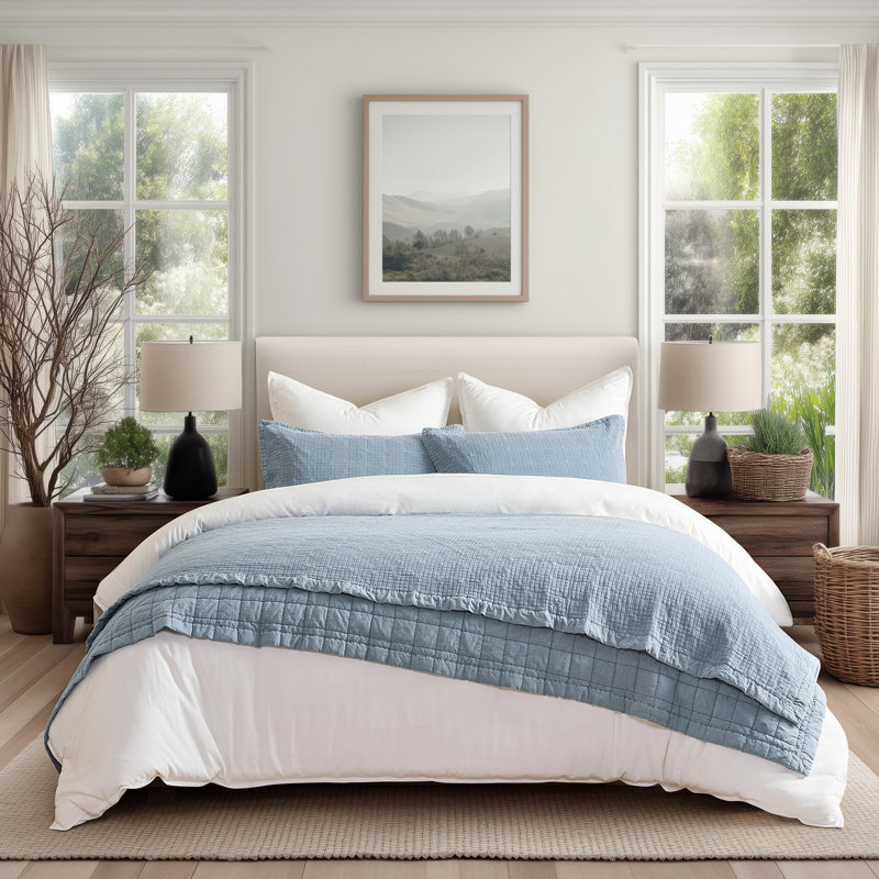 Stonewashed Crinkle Cotton Box Stitch Quilt Set, Blue Linen, King Quilt + 2 King Shams