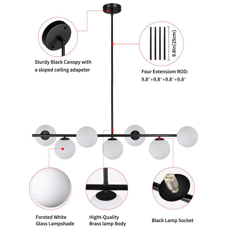 Kason Modern 7-Lights linear globe chandelier, White, Black