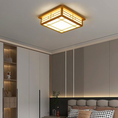 14" Japanese Style Wooden LED Ceiling Light, Dimmable Tatami Lamp with Remote