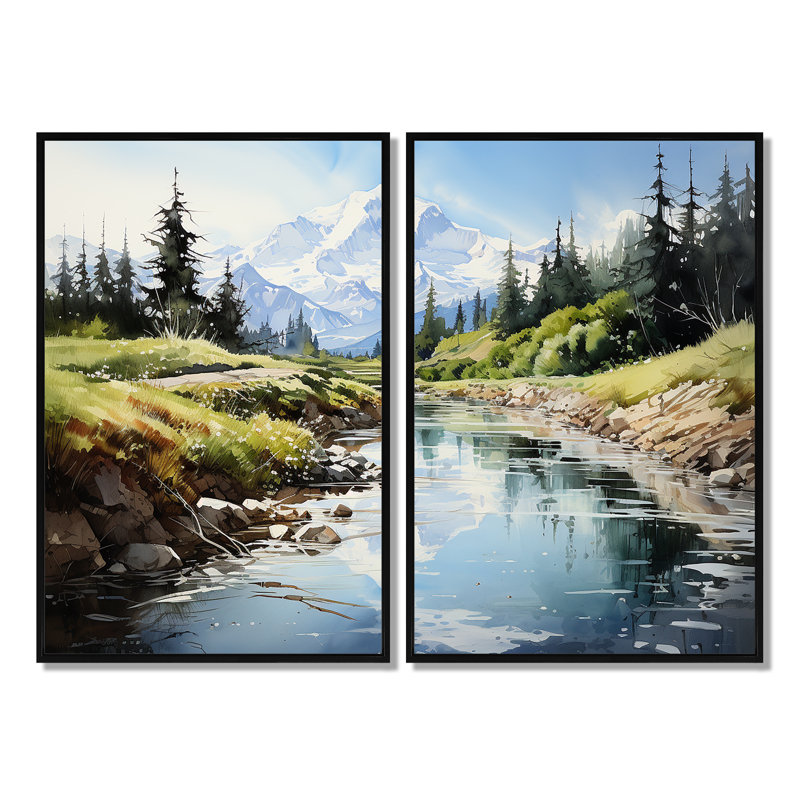 «Mountains Pinnacle Reflections I», reproduction d'art sur toile, Black, 36" H x 48" W, Impression encadrée flottante