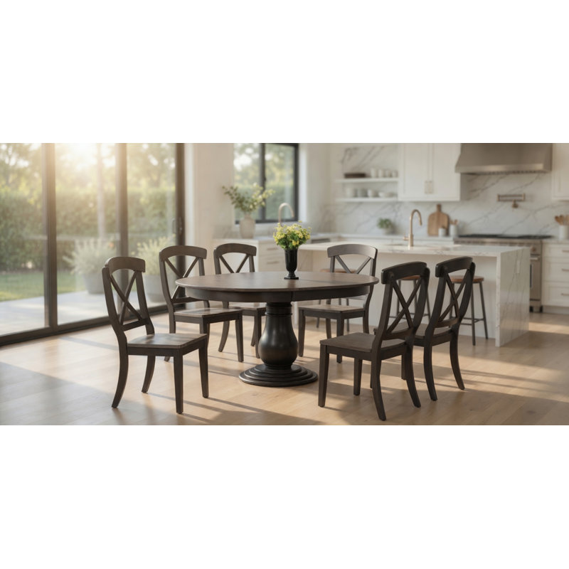 Ensemble de salle à manger à rallonge ronde en bois massif gris Lartarsha, 7 pièces: 1 table, 6 chaises