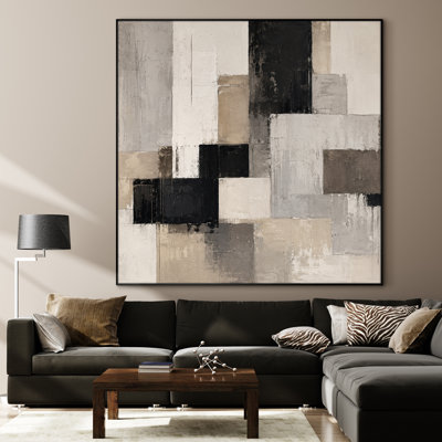 Très grand art mural imprimé sur tissu - Blocs géométriques abstraits neutres beiges, décor de bureau moderne - «Assemblage requis du cadre (cadre non fini)»
