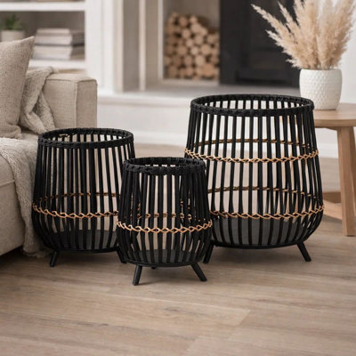 Panier à fleurs d'intérieur 3 pièces avec supports en métal, bambou noir de Bohème