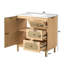 Meuble-lavabo moderne Driftwood de 91 cm de large avec lavabo en résine SMC, portes incrustées en rotin et rangements multizones pour une salle de bain digne d'un spa.
