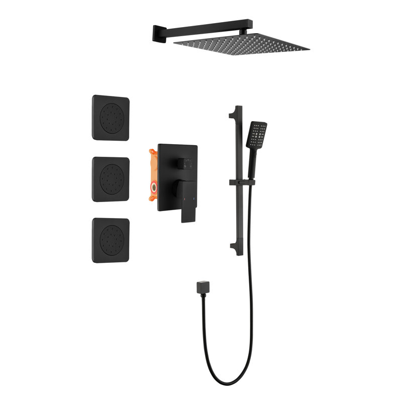 Shower System Matte Black Style. Head, Hand Shower, Slide Bar, Bodysprays, Arm, Hose, Valve Trim, Lever Handles. Natural Rain Experience. Brass. Wall Mounted Assembly With Unclogged Water Passageway.