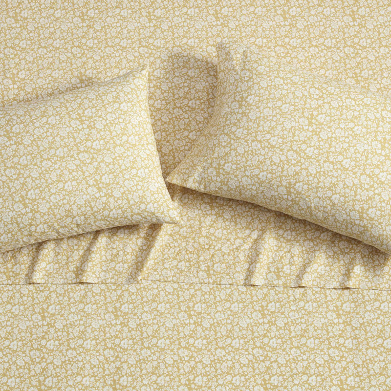 Percale Novelty 200 Thread Count Printed Cotton Sheet Set, King Sheet Set with 2 King Pillowcases,  Gold Heirloom Ditzy