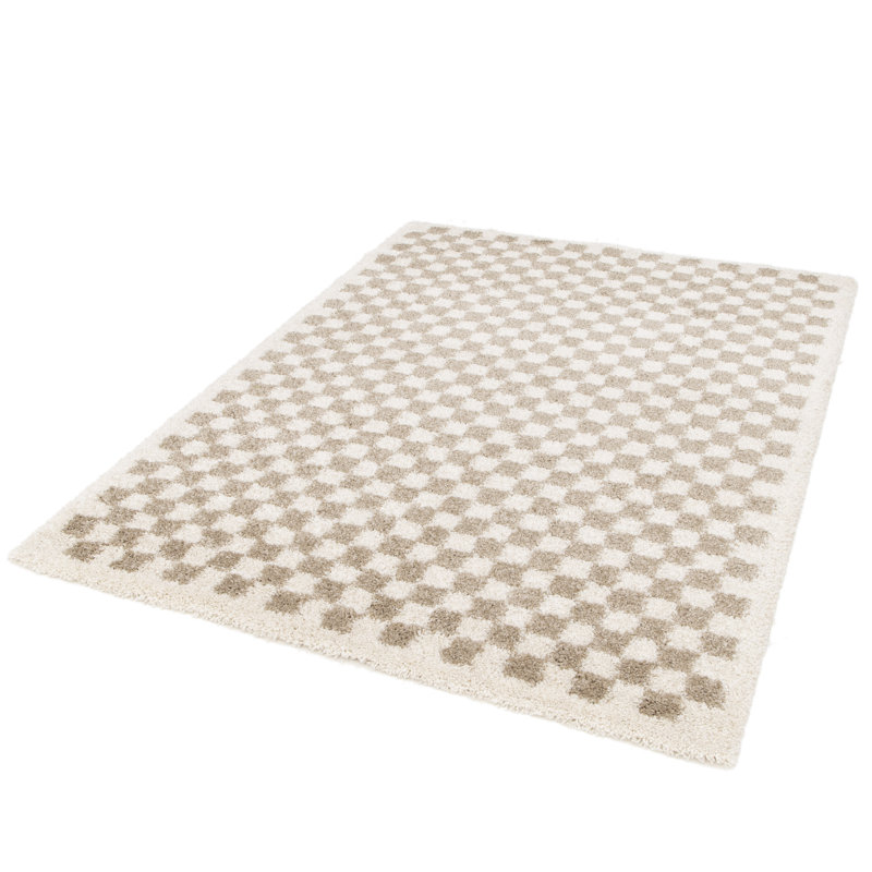 Tapscott Soft High Pile Machine Woven Chequered Beige/White Rug, Rectangle 120 x 170cm