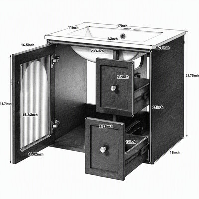 Ensemble de meuble-lavabo mural 24 po pour petit espace, armoire de salle de bain avec lavabo en céramique, 2 tiroirs et 1 porte à fermeture en douceur