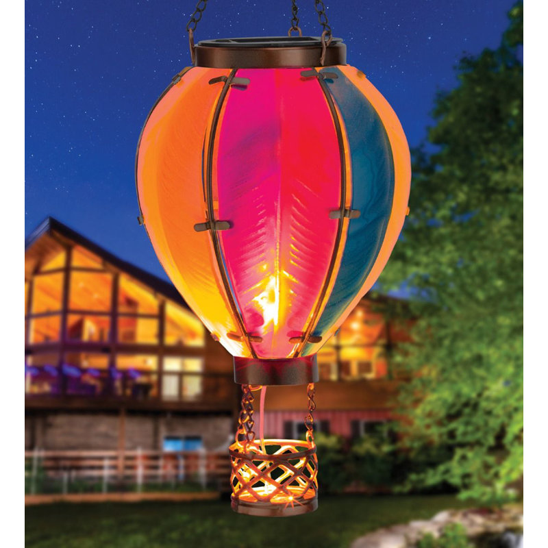 15" Hanging Solar Hot Air Balloon Lantern with Glass Panels and Metal Frame, Rainbow