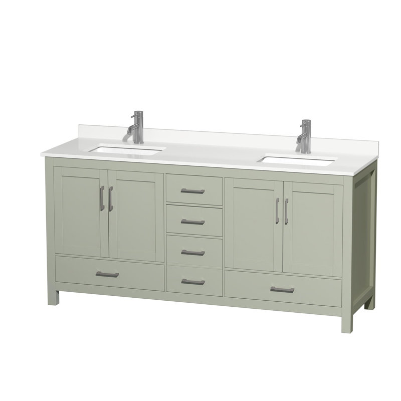 Meuble-lavabo double autoportant 72 po avec plateau en quartz Sheffield, Quartz Giotto, Vert, Nickel brossé