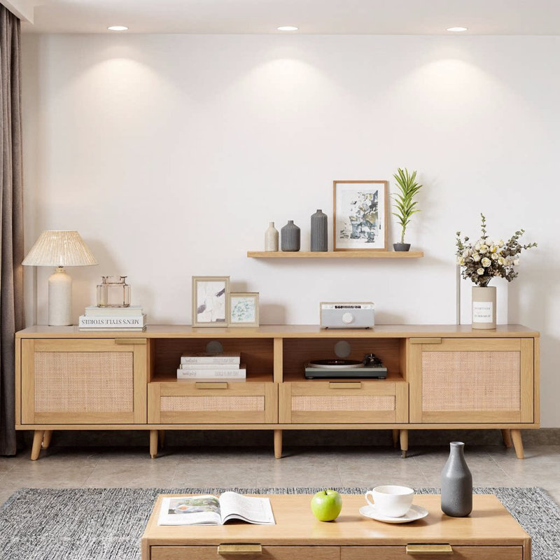 Meuble télé en rotin pour téléviseur de 85 po ou moins, console multimédia de style campagne moderne, centre de divertissement avec pieds en bois massif, meuble télé pour le salon, cinéma maison