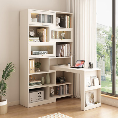 Solid Wood L-Shaped Retro-Style Extendable Bookcase-Desk Combo