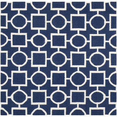 Rodgers Hand Woven Flat Weave Wool/Cotton Geometric Rug in White/Blue