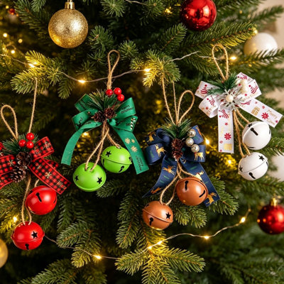 12Pcs Christmas Metal Bell Hanging Decor with Bow, Jute Rope & Berries, Rustic Farmhouse Ornaments for Christmas Tree