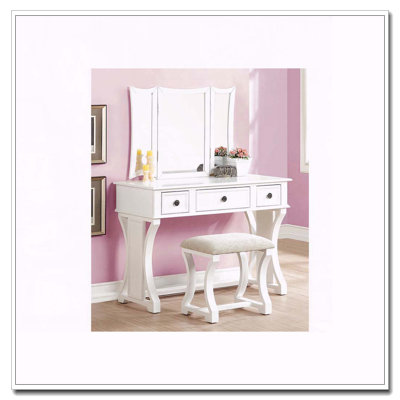 Modern Bedroom Vanity Set with Foldable Mirror, Drawers and Stool