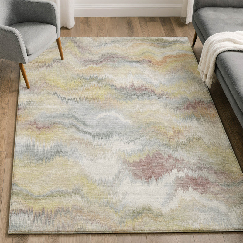 Premium Machine Washable Mayfield AMF2258 Swirls Rug, Beige, 5' x 7'6"