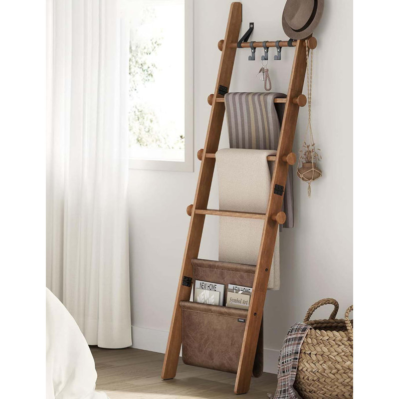 Échelle à couvertures pour le salon, étagère à échelle en bois à 5 niveaux, porte-couverture décoratif de style campagnard avec sac en cuir synthétique, crochets en métal, crochets latéraux, pour la chambre à coucher