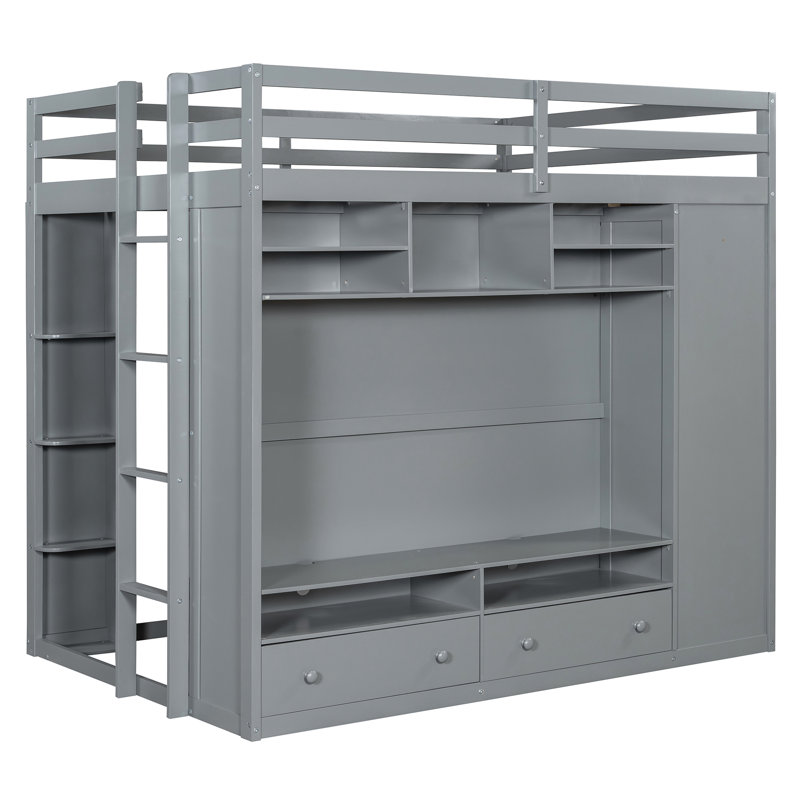 Lit mezzanine double gris avec tiroirs, tablettes et garde-robe spacieux pour économiser de l'espace, Gris