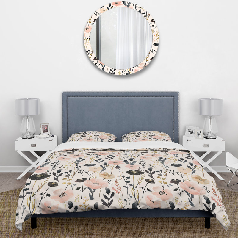 Ensemble de housse de couette rose et noir Boho Floral Meadows I - Boho, Housse de couette très grand + 2 taies décorativ