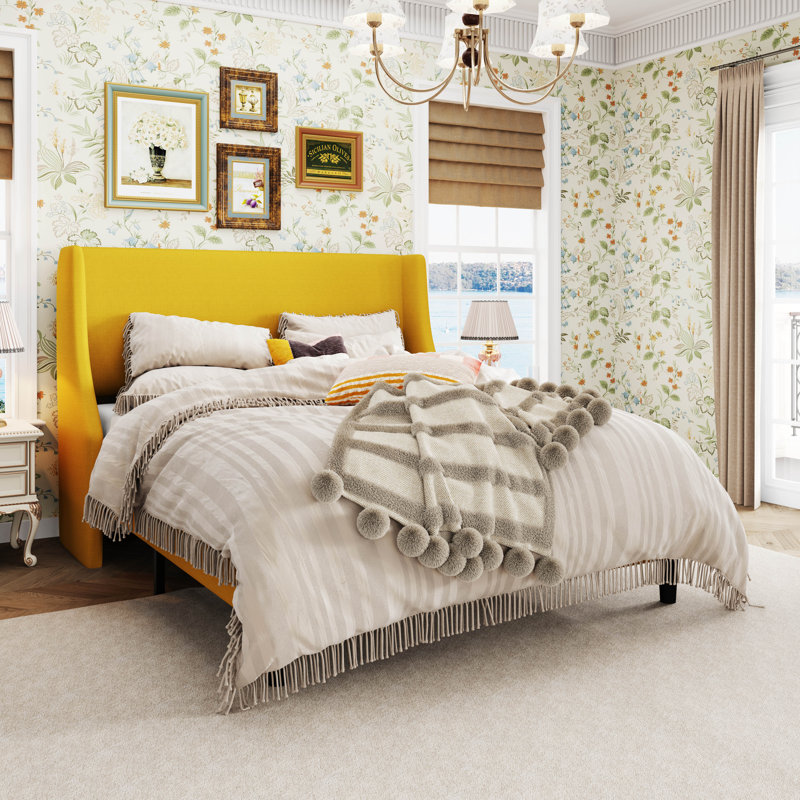 Bowdoin Modern Linen Upholstered Wingback Platform Bed with Wooden Slats, Light Yellow, Full