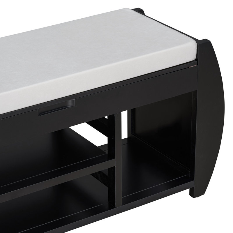 Retro Multifunctional Shoe Storage Bench With Cushion And Curved Side Panel, Black
