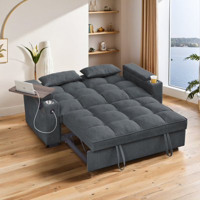 65" Wide Convertible Futon Sofa Bed with Pull-Out Sleeper, Side Table, USB & Type-C Ports&Storage Armrests by Latitude Run
