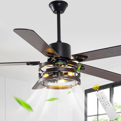 52" Black Ceiling Fan with Light Kit & Remote, 5-Blade Design, 6-Speed Quiet DC Motor, Timer, Reversible for Living Room, Bedroom