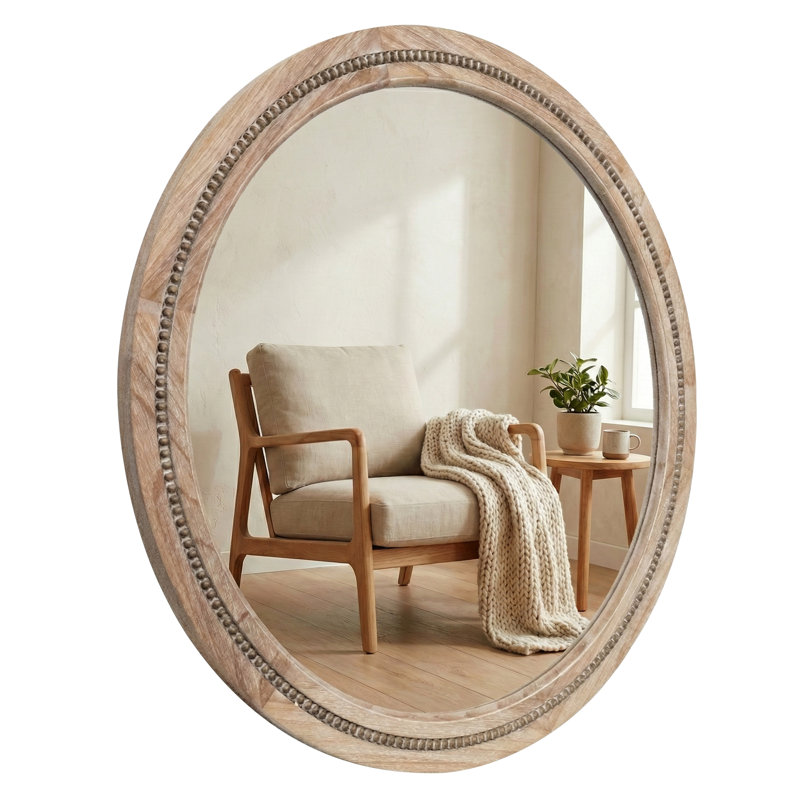 Solid Wood Round Decorative Wall Mirror, Natural Wood, 30" x 30"