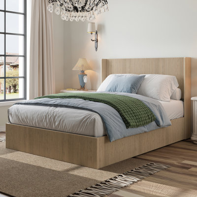 Large Grooved Undulating Lift Storage Bed Frame,Wooden Platform Bed Frame With Lift Storage,No Spring Box Required/No Noise, Slatted Natural Wood