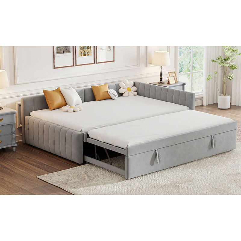 Lit de jour double rembourré en L avec lit gigogne escamotable double, gris