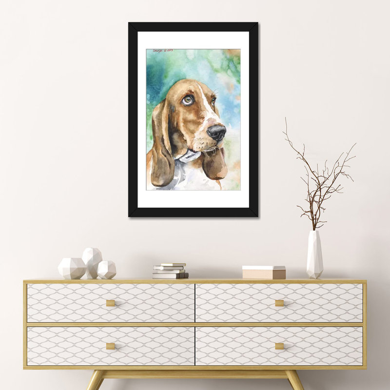 « basset i », reproduction sur toile, Papier d'art encadré noir, H 24 po x l 16 po x P 1 po, Blanc