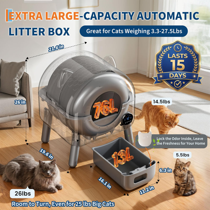 Bac à litière autonettoyant de 76 L avec contrôle par application, conception entièrement fermée, poubelle étanche de 15 L, veilleuse 7 couleurs, capteurs de sécurité pour les foyers avec plusieurs chats.