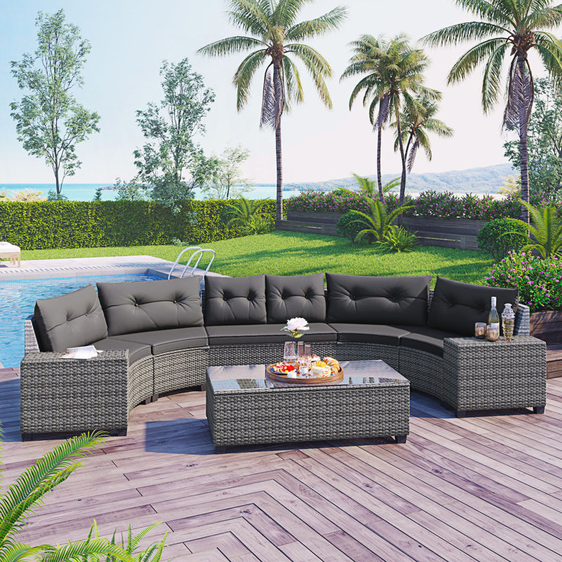 8-Pieces Outdoor Wicker Round Sofa Set, Half-Moon Sectional Setsr, Curved Sofa Set With Rectangular Coffee Table, Grey