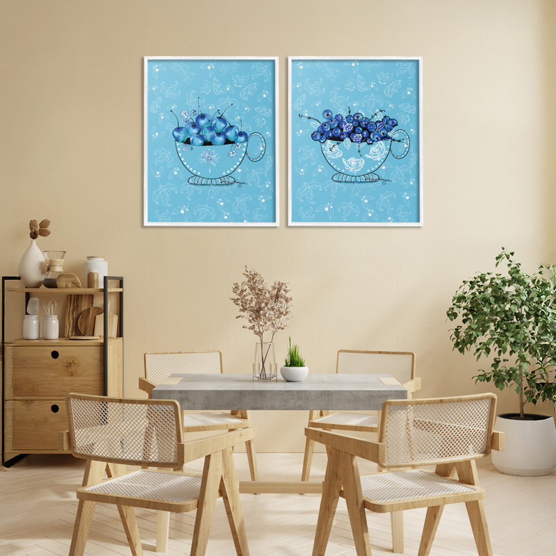 Ensemble de 2 giclées encadrées Blue Fruit Teacups, design par Susan Lugar, H 20 po x l 16 po