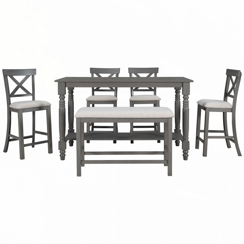 Ensemble de table de salle à manger à hauteur de comptoir 6 pièces TREXM avec 4 chaises et banc pour salle à manger (gris)