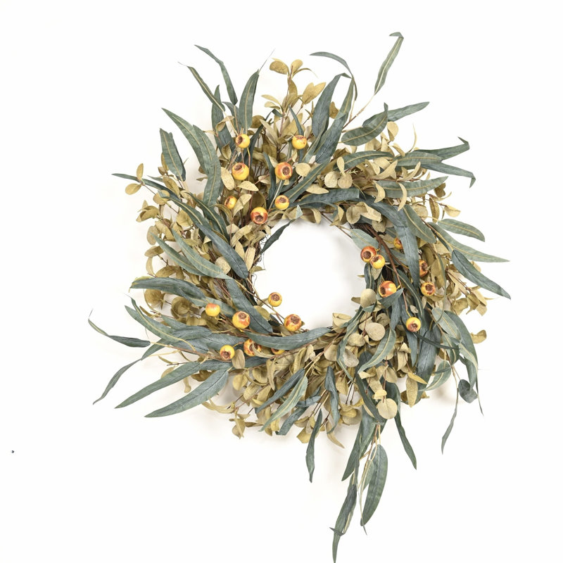 Couronne d'automne 24 po avec baies en saule et feuilles d'eucalyptus pour la porte de l'Action de grâce