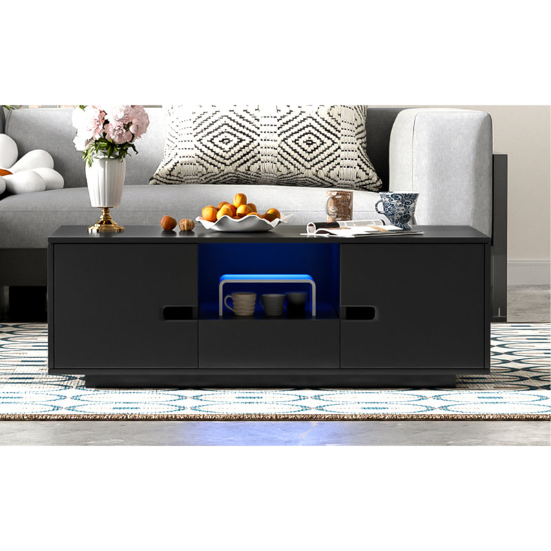 Table basse rectangulaire moderne ultrabrillante, table centrale élégante avec espace de rangement, mobilier d'appoint avec 16 lumières DEL de couleur pour le salon